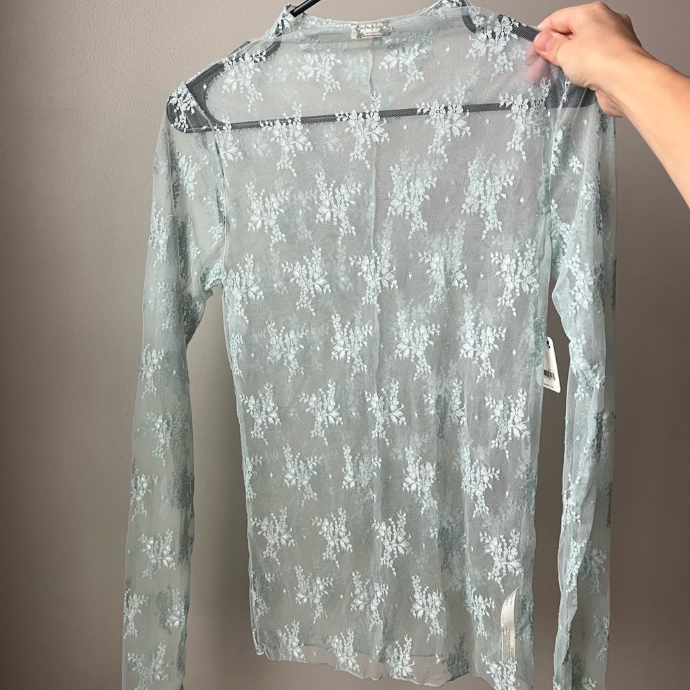 Free People Blue Sheer Mock Neck Blouse